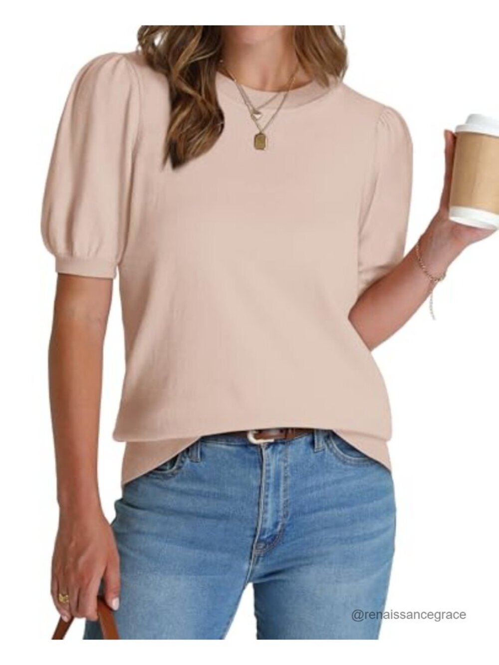 Puff Short Sleeve Sweater Women Ribbed Knit Business Casual Work Top